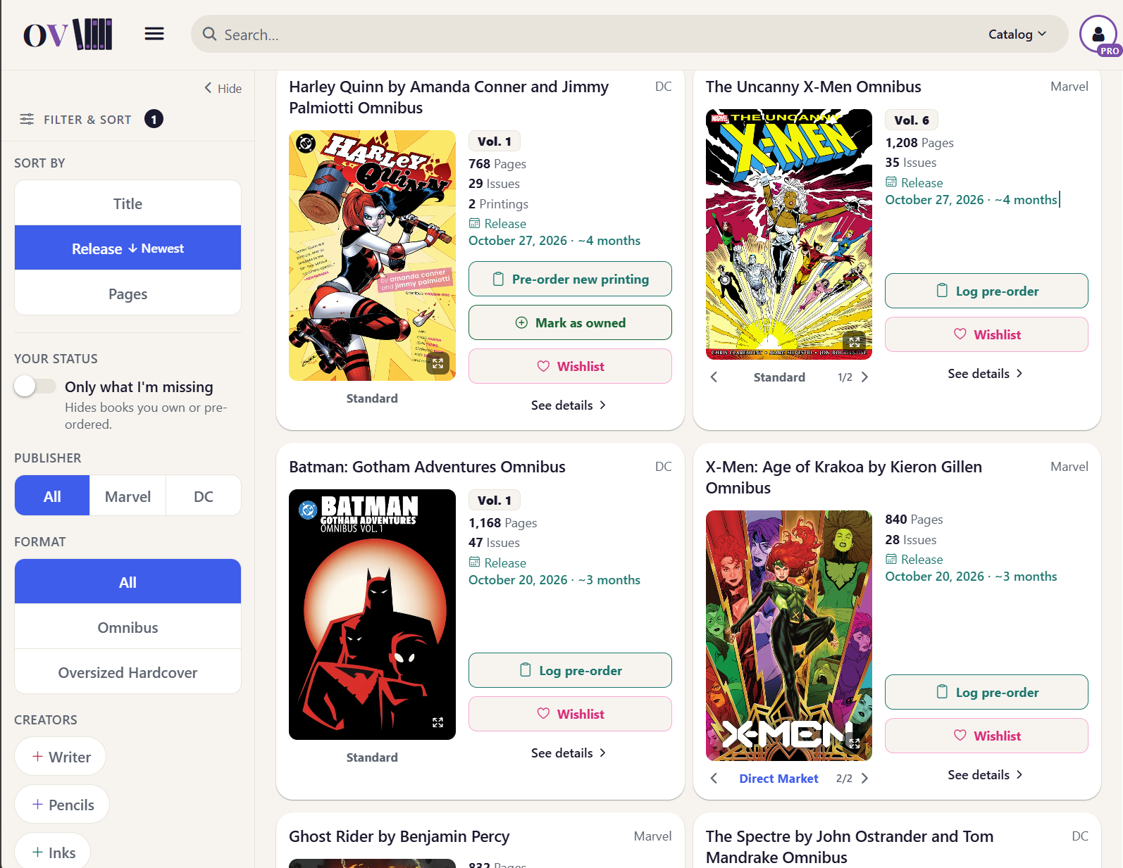 Browsing the OmnibusVault catalog — search, publisher/format/creator filters, and pre-order, wishlist and mark-owned actions on each omnibus